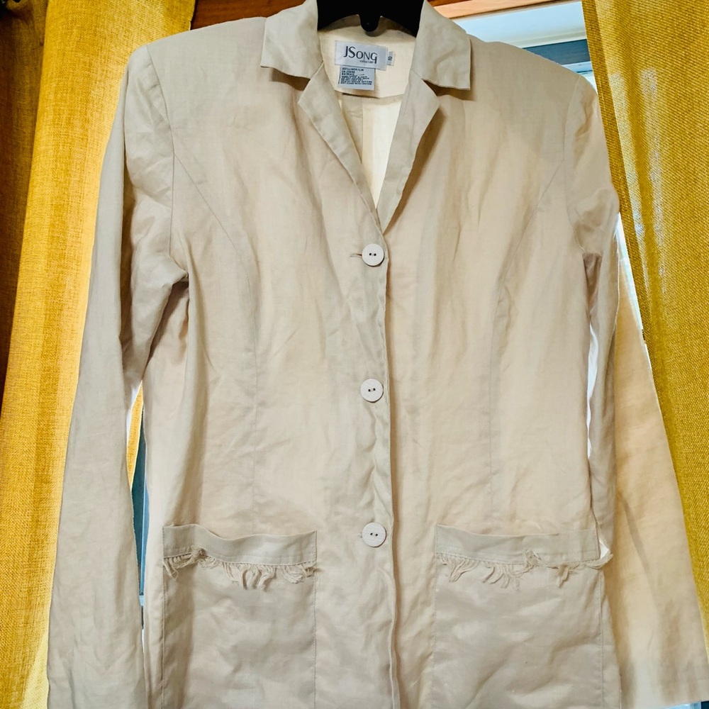 J Song collection vintage tan beige suit jacket blazer fringe pockets coat